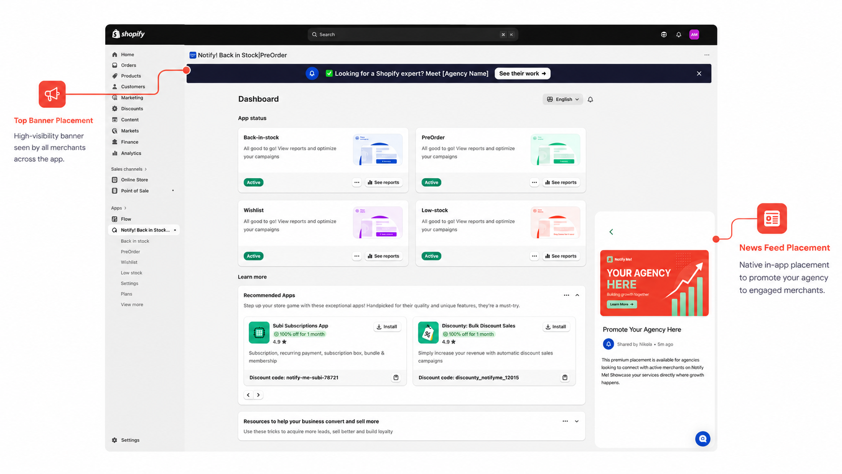 Real screenshot of the Notify Me!™ admin showing the top banner placement for an agency partner and the news-feed card placement on the right