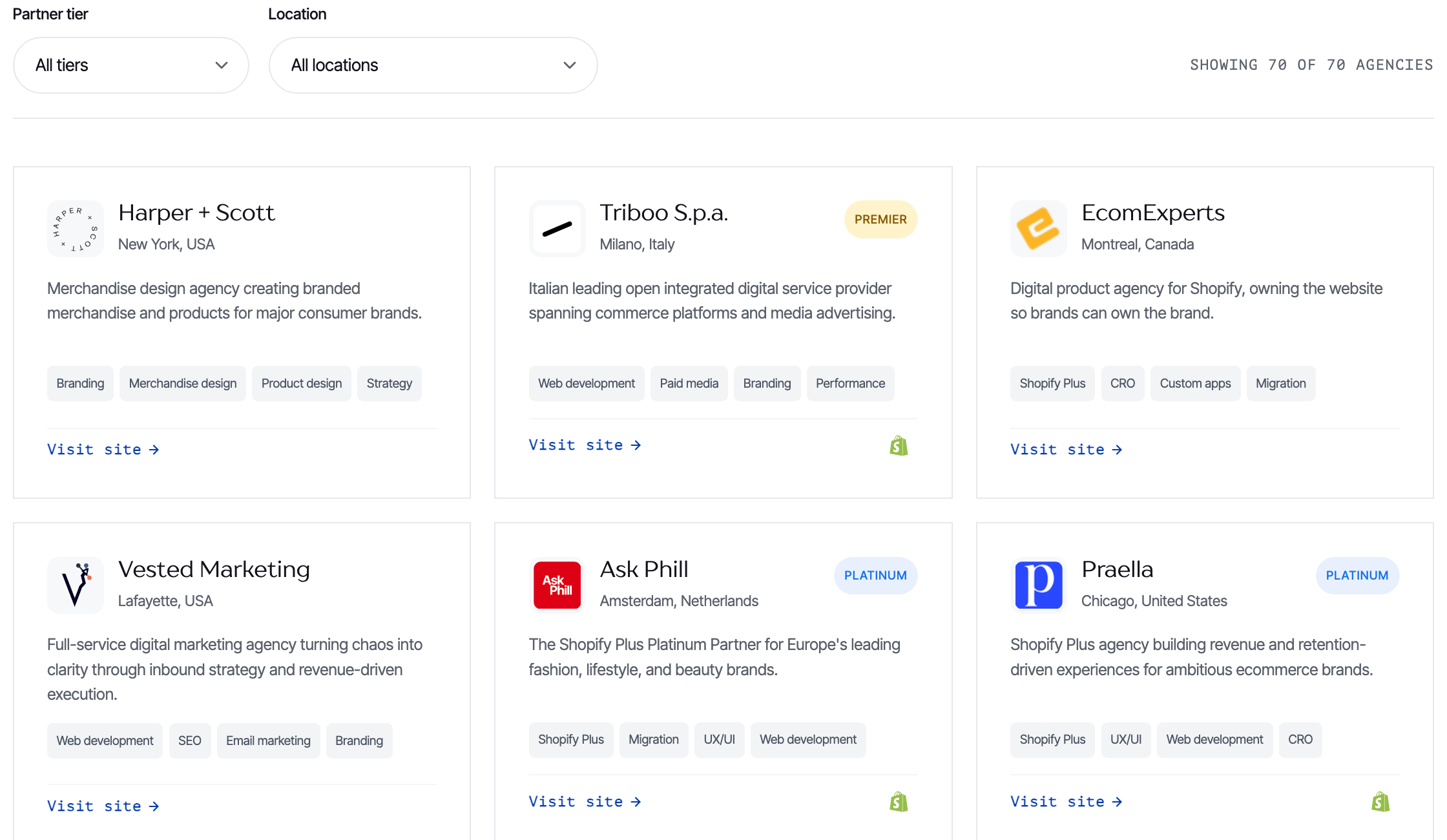The Notify Me! agency directory with filters for service and location beside a grid of agency cards