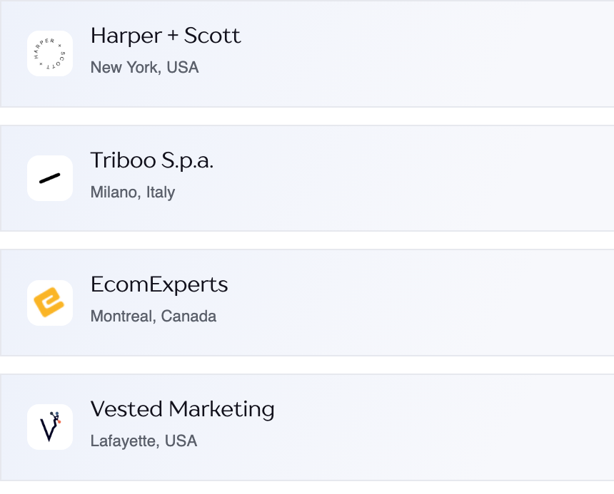 Four featured agency cards at the top of the Notify Me! agency directory, each with logo, name and location