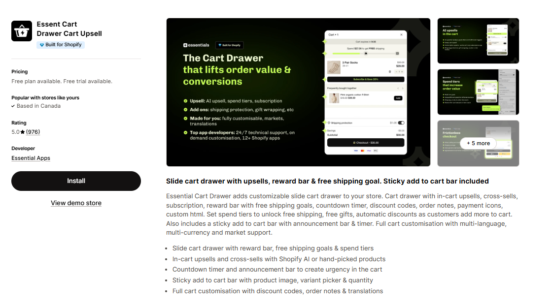 Essent Cart Drawer slide cart upsell for Shopify
