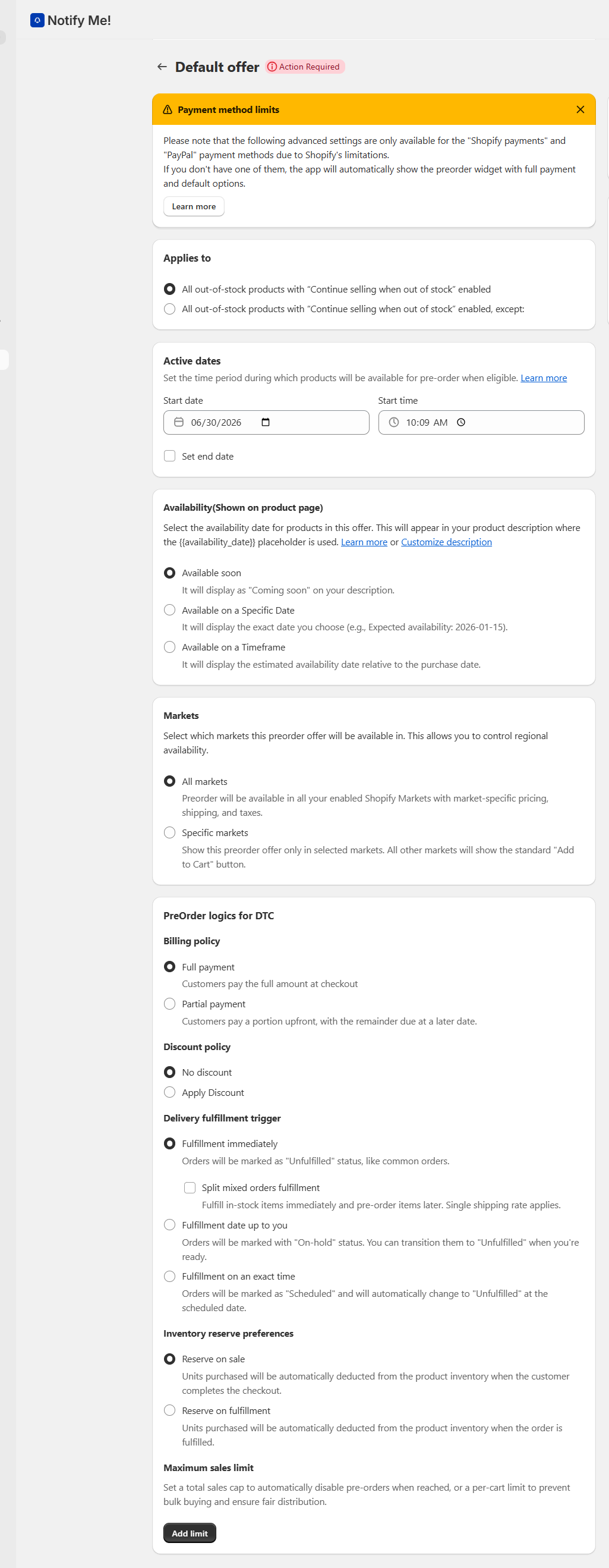 The Notify Me! Preorder setup screen: billing policy, active dates, availability, markets, and fulfillment options