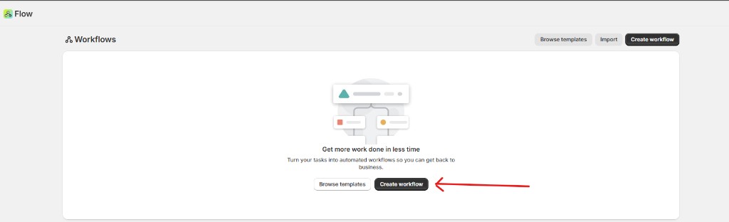 Pantalla Shopify Flow Workflows con el botón Crear flujo de trabajo resaltado
