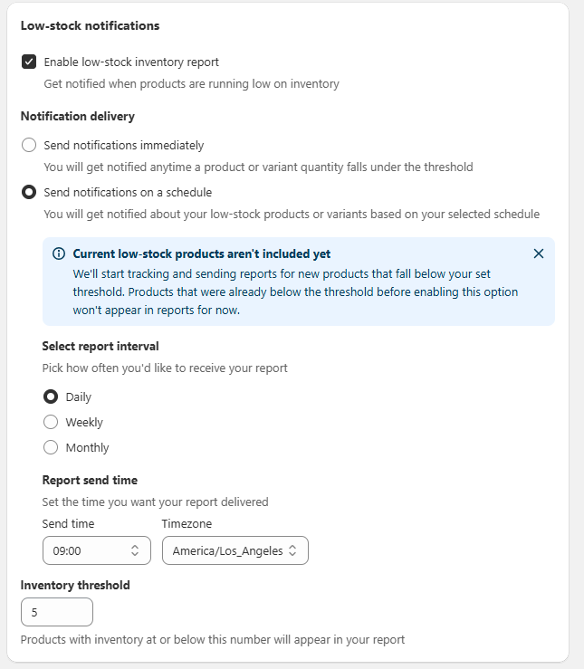Administrador de Shopify Configuración de notificaciones de stock bajo: habilitar informe, programación y umbral de inventario