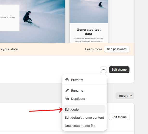 Página de temas de la tienda en línea Shopify con la opción Editar código para personalizar el tema