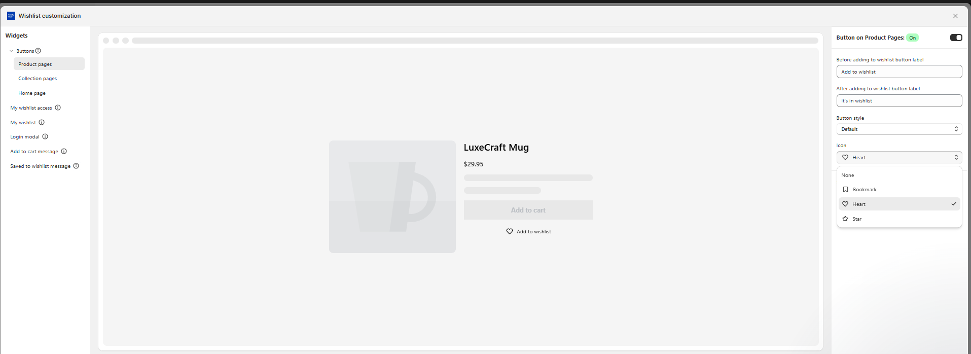 تخصيص زر قائمة الأمنيات في Shopify ضمن Notify Me! يعرض خيارات أيقونة القلب والإشارة المرجعية والنجمة، وتسميات مخصّصة 'Add to wishlist' و 'It''s in wishlist'، ومعاينة حيّة لصفحة منتج LuxeCraft Mug